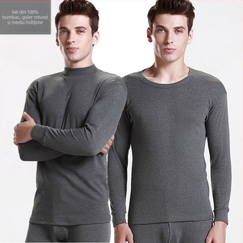 Set termic pentru bărbați: top subțire cu guler rotund și pantaloni, 100% poliester, un singur strat, cald.