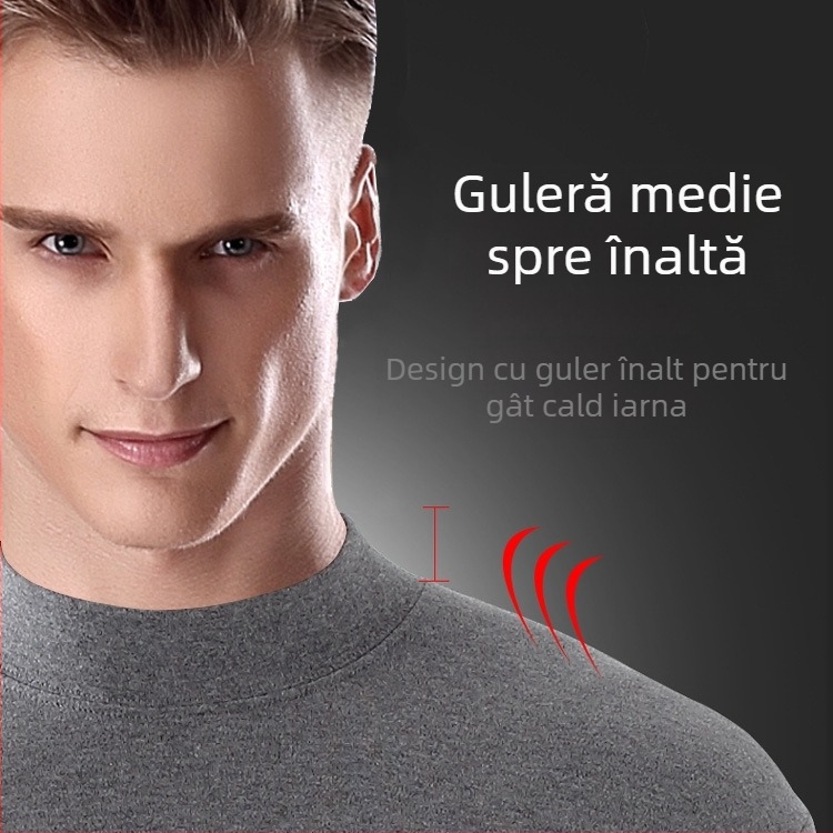Set termic pentru bărbați: top subțire cu guler rotund și pantaloni, 100% poliester, un singur strat, cald.
