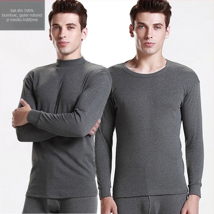 Set termic pentru bărbați: top subțire cu guler rotund și pantaloni, 100% poliester, un singur strat, cald.