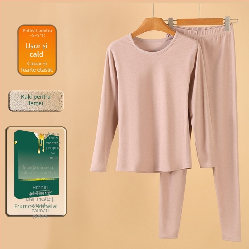 Set de lenjerie termică din Derong, textură ribată, top cu guler rotund şi pantaloni; 95% poliester, 5% spandex; 210 g/m2; un singur strat; anti-piling; căldură moderată.