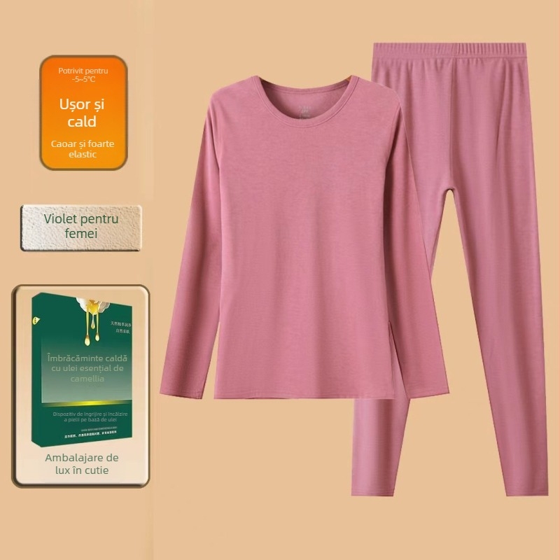 Set de lenjerie termică din Derong, textură ribată, top cu guler rotund şi pantaloni; 95% poliester, 5% spandex; 210 g/m2; un singur strat; anti-piling; căldură moderată.