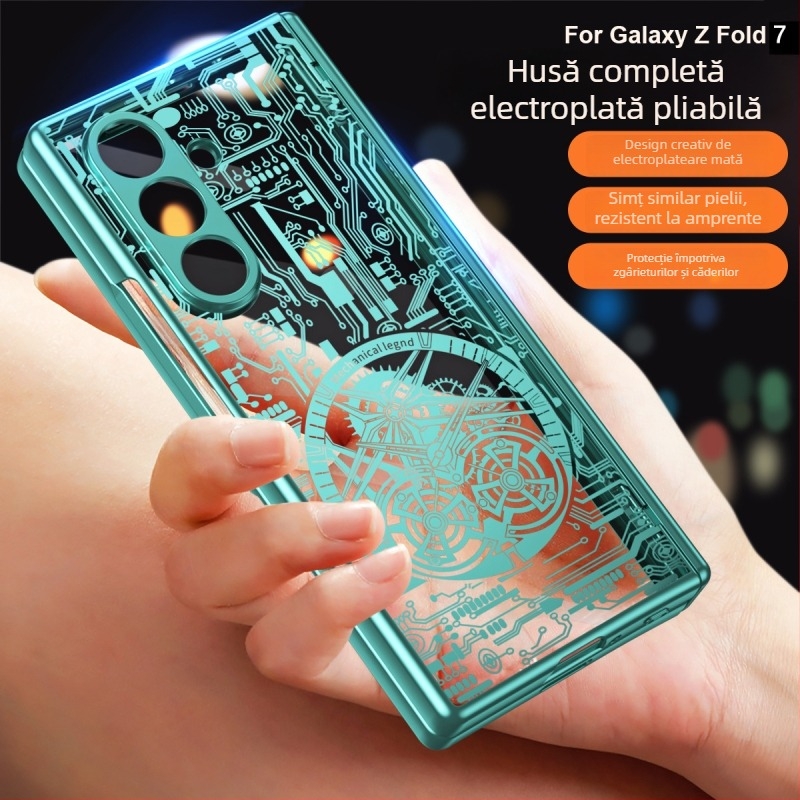 Carcasă pentru Samsung Galaxy Z Fold7 cu design mecanic legendar electroplating și protecție pentru ceas | Material PC; Electroplating; Rezistent la șocuri; Magnetic; Anti-uzură; Anti-amprentă