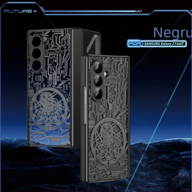 Carcasă pentru Samsung Galaxy Z Fold7 cu design mecanic legendar electroplating și protecție pentru ceas | Material PC; Electroplating; Rezistent la șocuri; Magnetic; Anti-uzură; Anti-amprentă