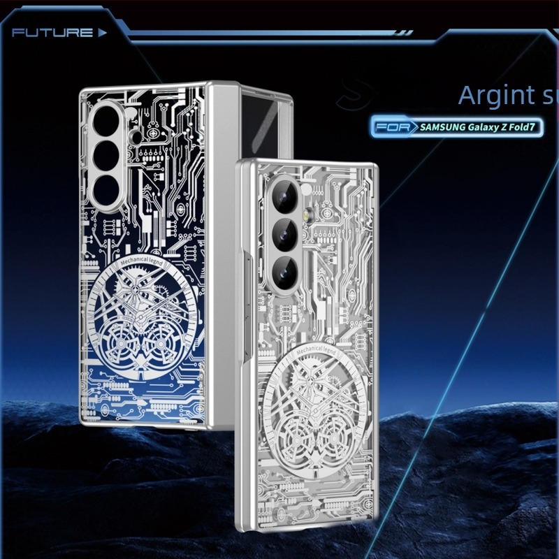 Carcasă pentru Samsung Galaxy Z Fold7 cu design mecanic legendar electroplating și protecție pentru ceas | Material PC; Electroplating; Rezistent la șocuri; Magnetic; Anti-uzură; Anti-amprentă