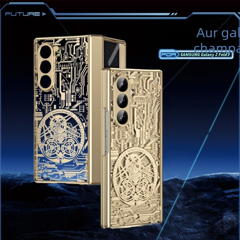 Carcasă pentru Samsung Galaxy Z Fold7 cu design mecanic legendar electroplating și protecție pentru ceas | Material PC; Electroplating; Rezistent la șocuri; Magnetic; Anti-uzură; Anti-amprentă