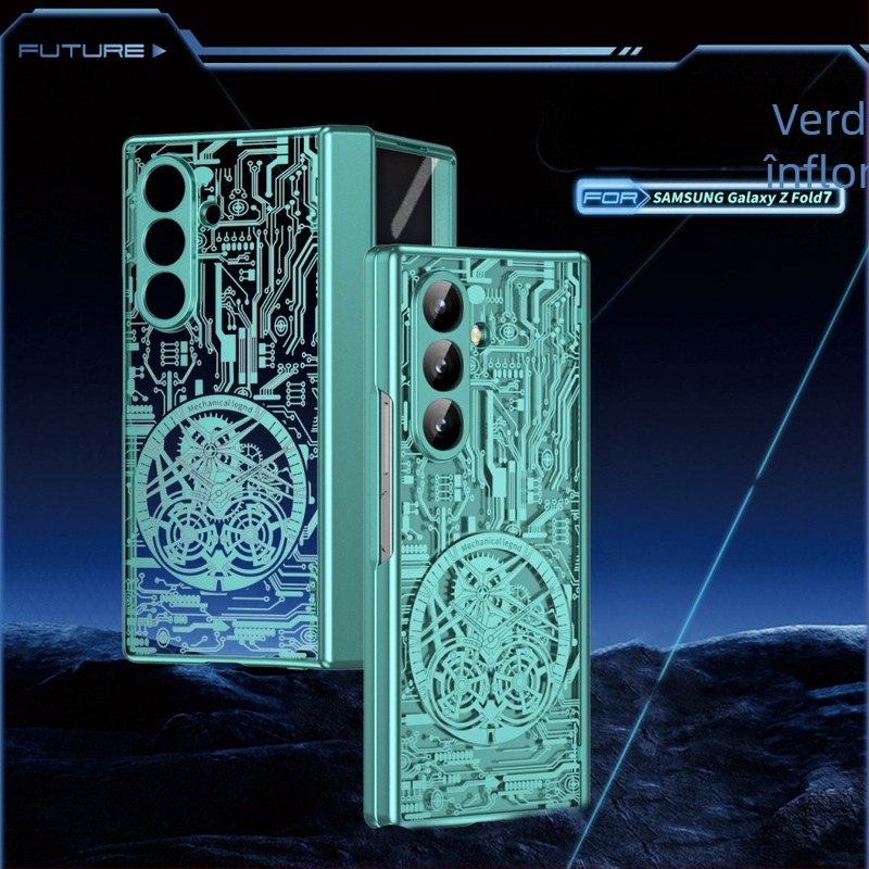 Carcasă pentru Samsung Galaxy Z Fold7 cu design mecanic legendar electroplating și protecție pentru ceas | Material PC; Electroplating; Rezistent la șocuri; Magnetic; Anti-uzură; Anti-amprentă