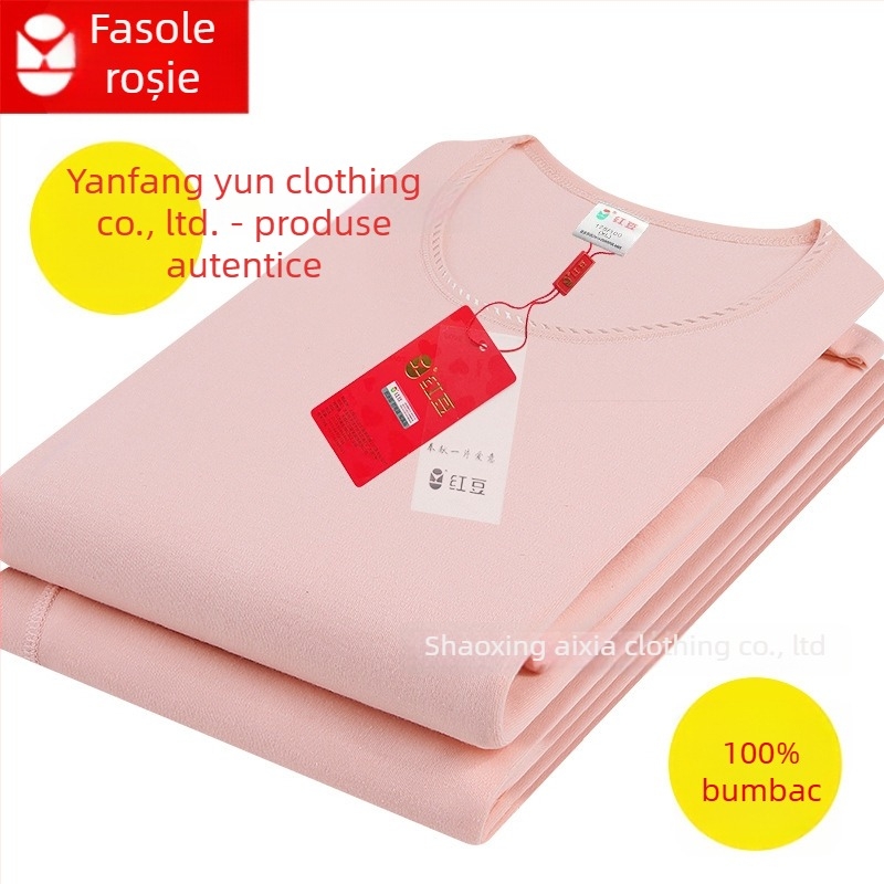 Set termic din bumbac 100% pentru femei, țesătură groasă 201–250 g/m², guler rotund, mâneci lungi, fără cusături