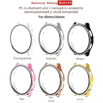 Carcasă pentru smartwatch cu accente din diamante într-o singură serie și protecție a ecranului din sticlă temperată încorporată — silicon, compatibilă cu Samsung Galaxy Watch 5/6