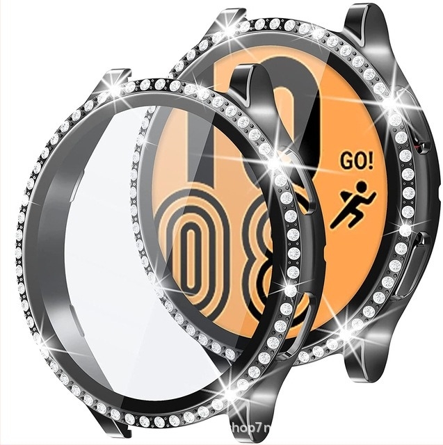 Carcasă pentru smartwatch cu accente din diamante într-o singură serie și protecție a ecranului din sticlă temperată încorporată — silicon, compatibilă cu Samsung Galaxy Watch 5/6