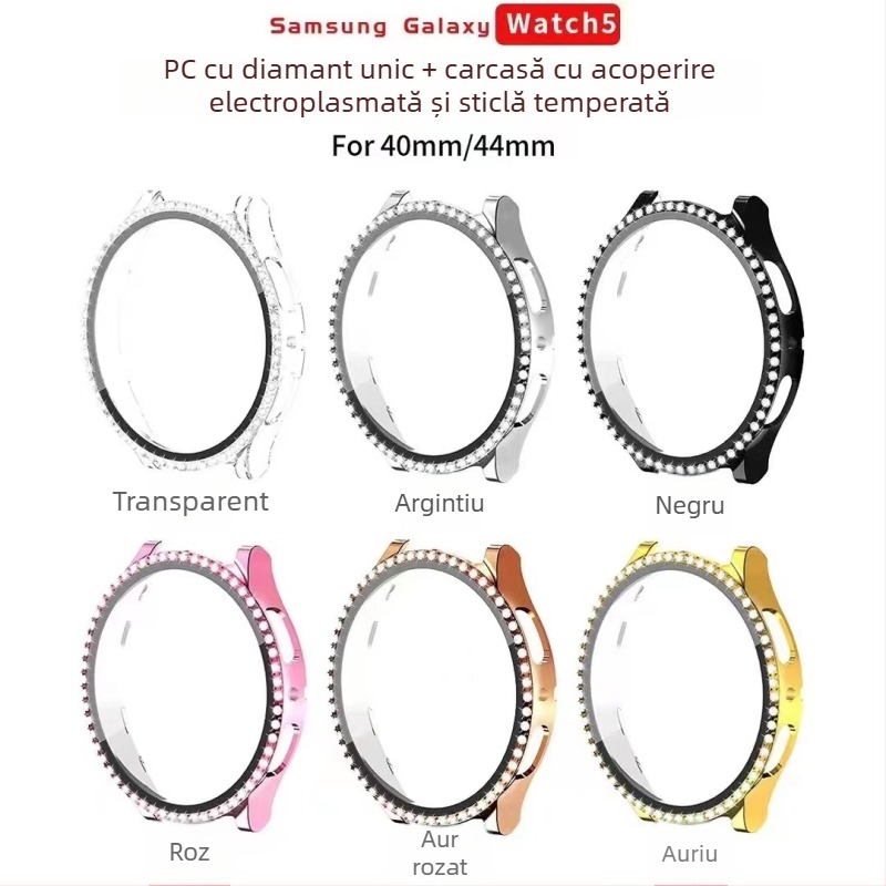 Carcasă pentru smartwatch cu accente din diamante într-o singură serie și protecție a ecranului din sticlă temperată încorporată — silicon, compatibilă cu Samsung Galaxy Watch 5/6