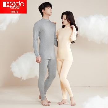 Set de lenjerie termică pentru cupluri, toamnă-iarnă, din 100% bumbac, top cu guler semi-înalt și pantaloni, respirabil, moale, 180 g/m², strat unic