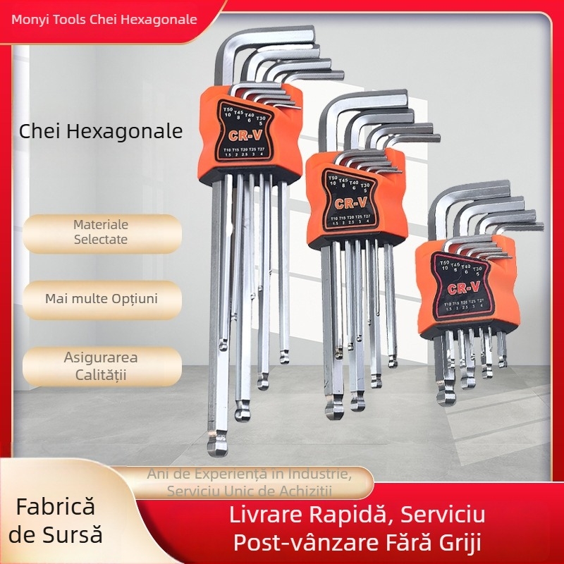 Set chei hexagonale cu cap balon, formă în L, 9 piese, extensie mediu-lung