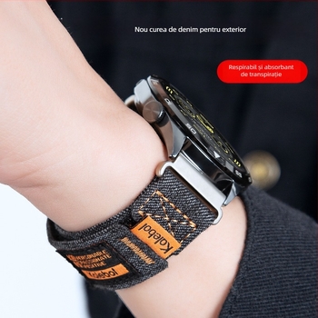 Beautiful Mountain curea Denim Canvas în stil sport pentru Huawei GT5/GT4/Pro/3, 20mm/22mm, închidere Velcro, greutate 14.6 g