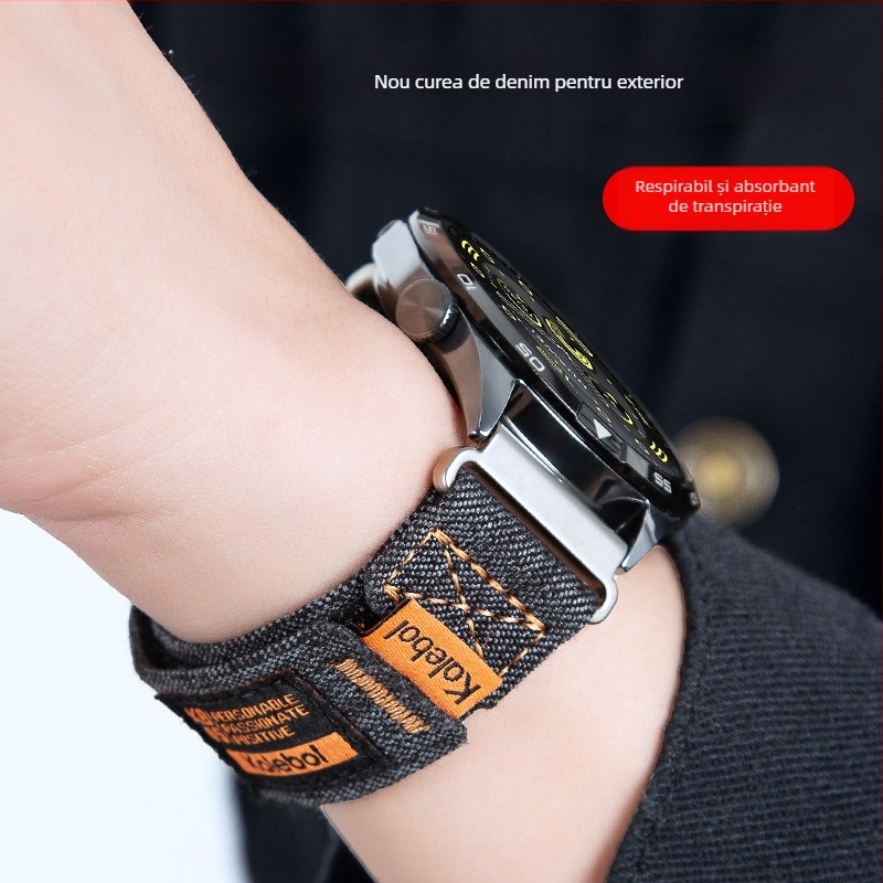 Beautiful Mountain curea Denim Canvas în stil sport pentru Huawei GT5/GT4/Pro/3, 20mm/22mm, închidere Velcro, greutate 14.6 g