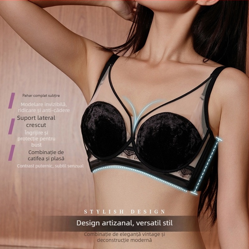 Set sutien catifea cupe 3/4, cupe subțiri din burete, căptușeală nylon, bretele fixe, închidere spate cu patru rânduri