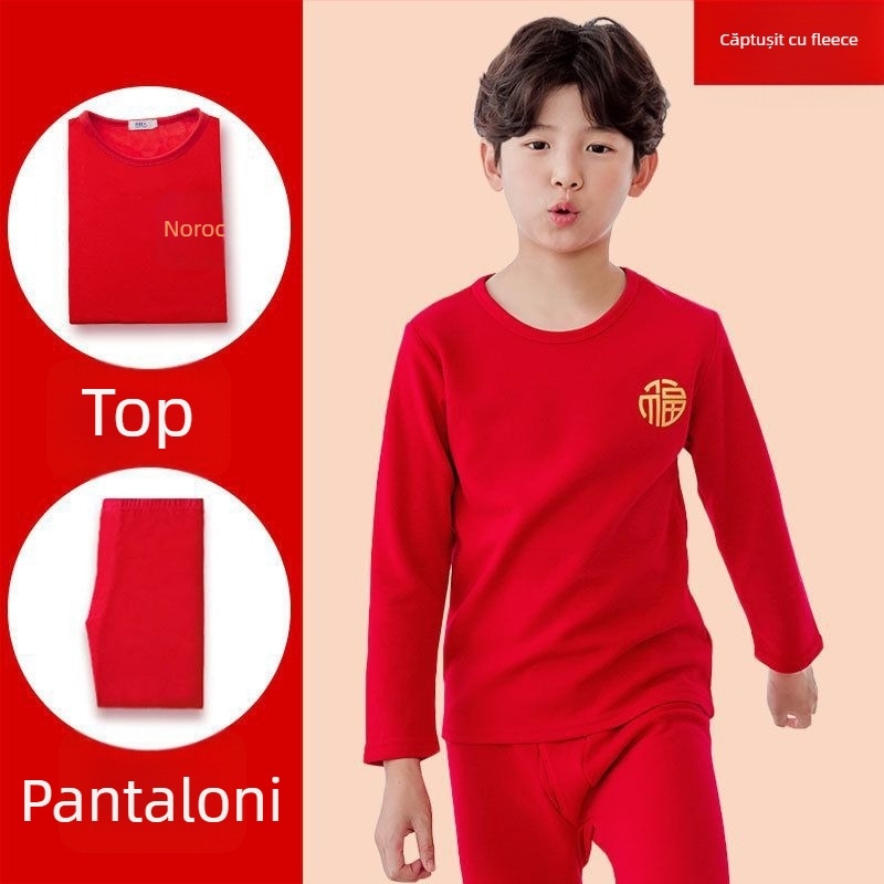 Set de lenjerie termică pentru copii, Anul Șarpelui, roșu, căptușit cu fleece și gros, top și bottom, pentru 12 ani