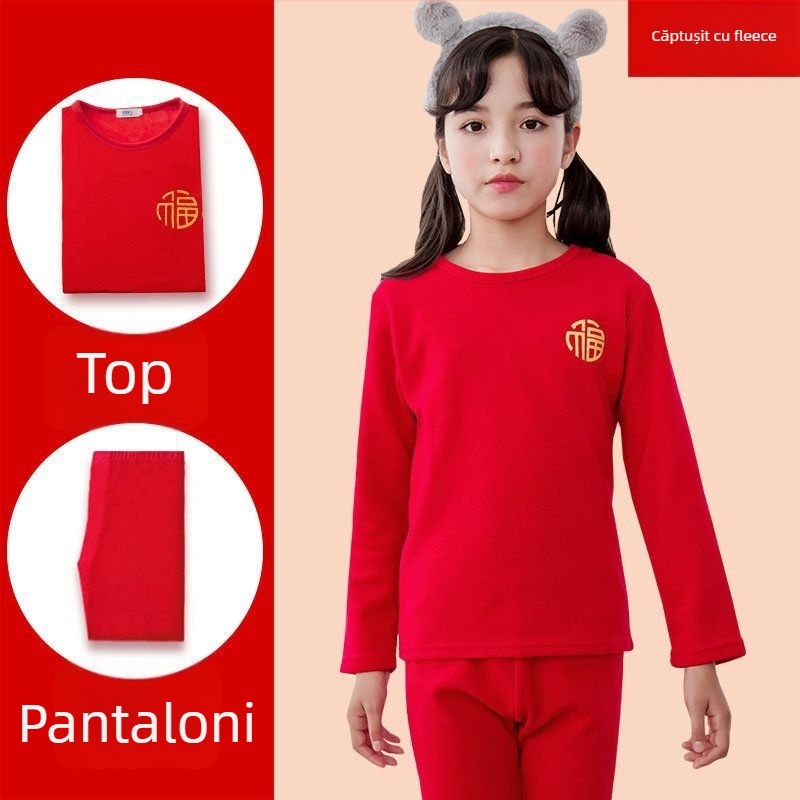 Set de lenjerie termică pentru copii, Anul Șarpelui, roșu, căptușit cu fleece și gros, top și bottom, pentru 12 ani
