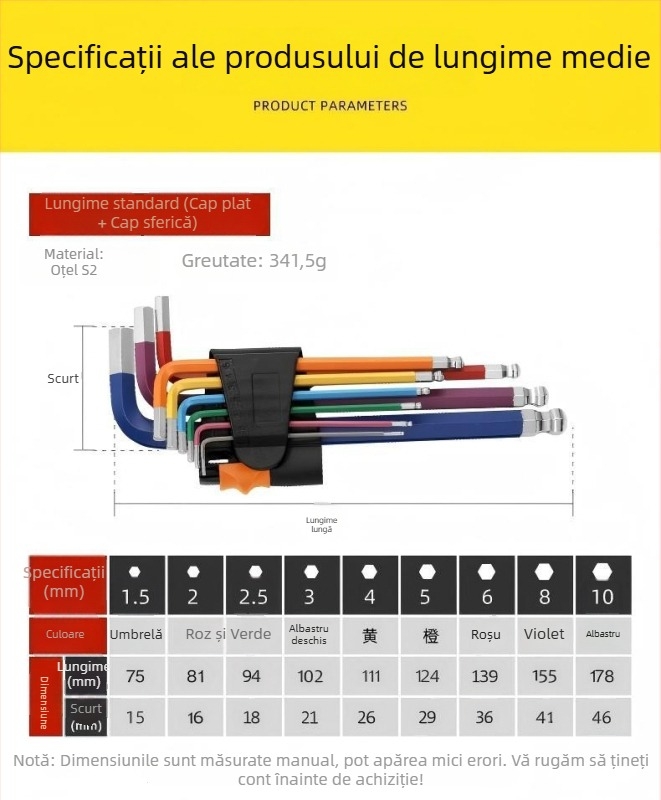 Set de 9 chei hexagonale cu capete sferice, capete hexagonale interne, oțel crom-nickel