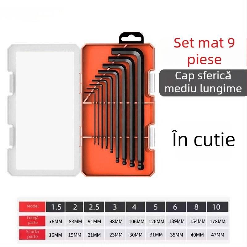 Set de 9 chei hexagonale cu capete sferice, capete hexagonale interne, oțel crom-nickel