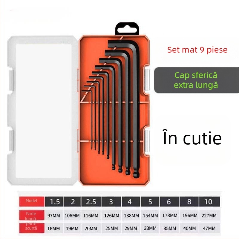 Set de 9 chei hexagonale cu capete sferice, capete hexagonale interne, oțel crom-nickel