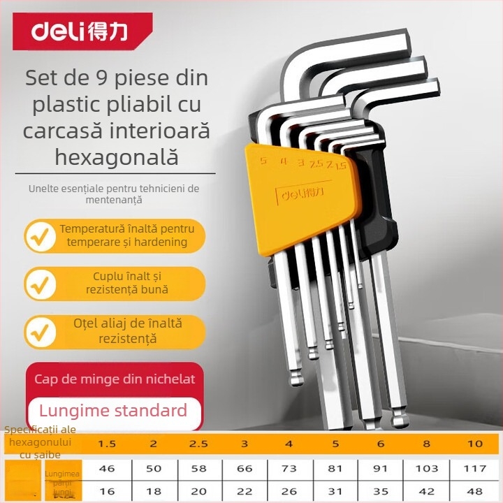 Set chei Allen hexagonale interne, metrice, din oțel crom-vanadiu/S2, nichelat, cap L cu ball head, șurubelniță multifuncțională