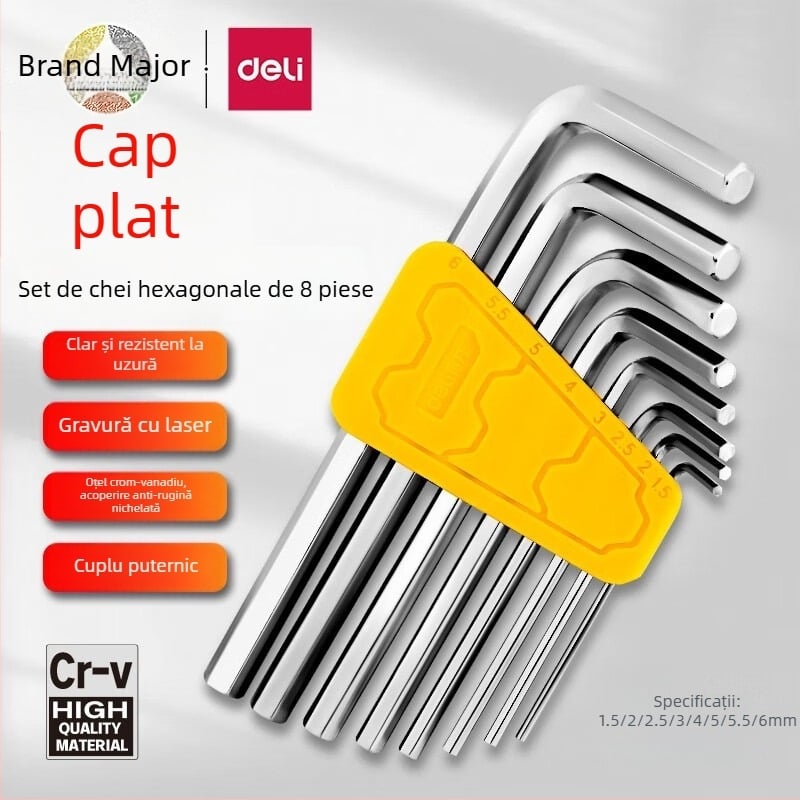 Set chei Allen hexagonale interne, metrice, din oțel crom-vanadiu/S2, nichelat, cap L cu ball head, șurubelniță multifuncțională