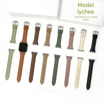 Brățară din piele naturală pentru Apple Watch, textură Lychee, lungime 215 mm, lățime 22 mm, compatibilă cu Series 1–11 și SE