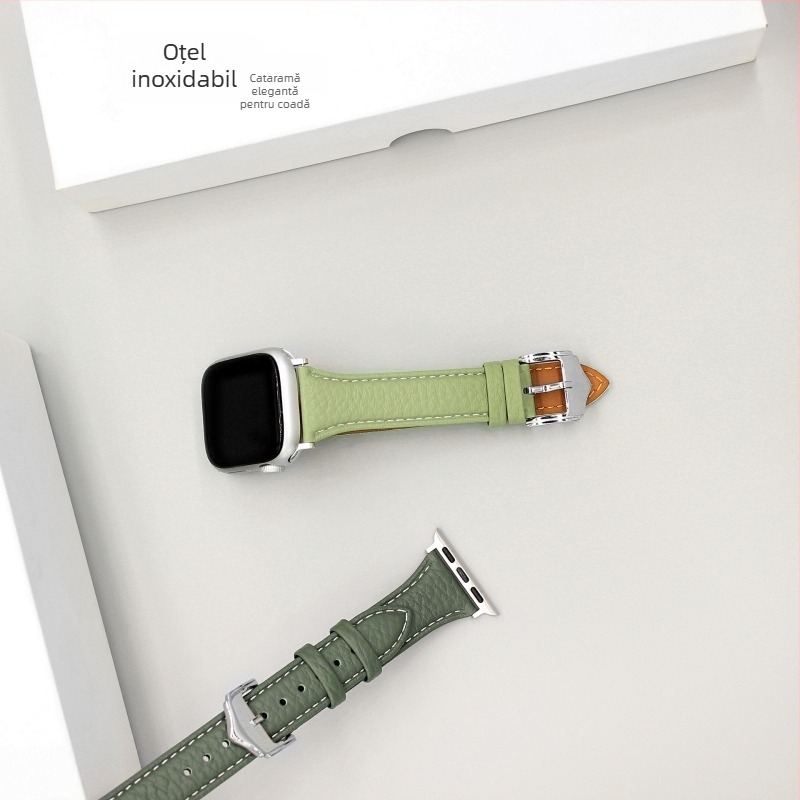 Brățară din piele naturală pentru Apple Watch, textură Lychee, lungime 215 mm, lățime 22 mm, compatibilă cu Series 1–11 și SE