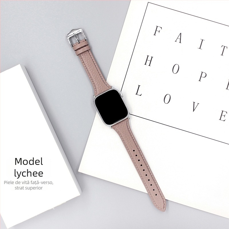 Brățară din piele naturală pentru Apple Watch, textură Lychee, lungime 215 mm, lățime 22 mm, compatibilă cu Series 1–11 și SE