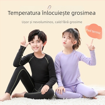 Set termic pentru copii: căptușeală din catifea, poliester 90–95%, ultra-subțire 40 g/m², top cu mânecă lungă și pantaloni, anti-pilling, pentru 13–18 ani
