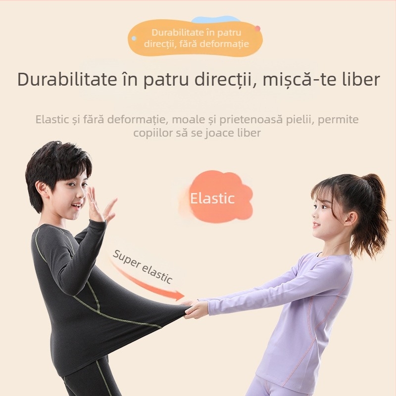 Set termic pentru copii: căptușeală din catifea, poliester 90–95%, ultra-subțire 40 g/m², top cu mânecă lungă și pantaloni, anti-pilling, pentru 13–18 ani