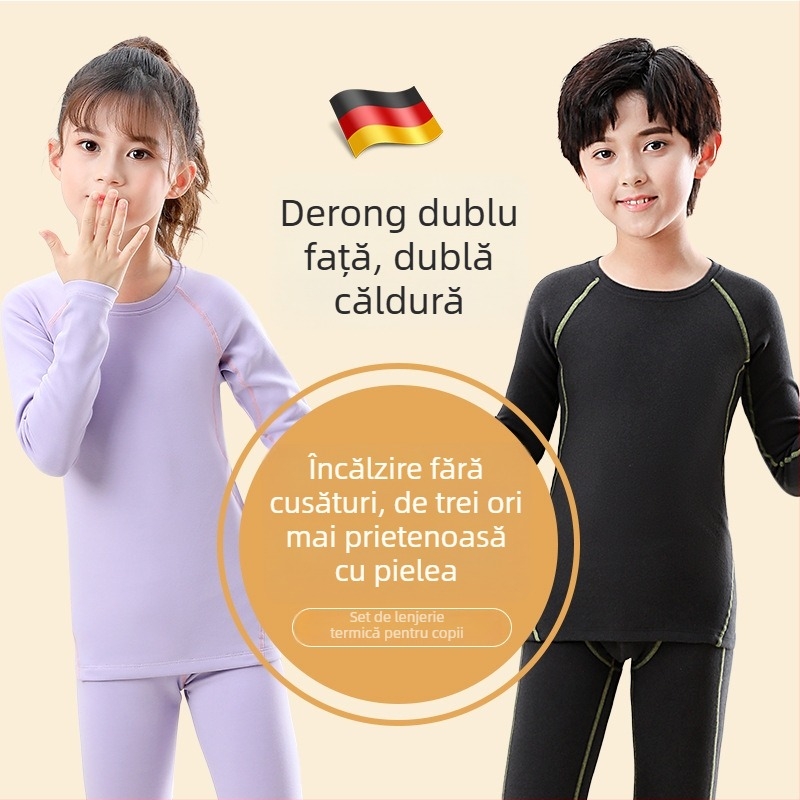 Set termic pentru copii: căptușeală din catifea, poliester 90–95%, ultra-subțire 40 g/m², top cu mânecă lungă și pantaloni, anti-pilling, pentru 13–18 ani