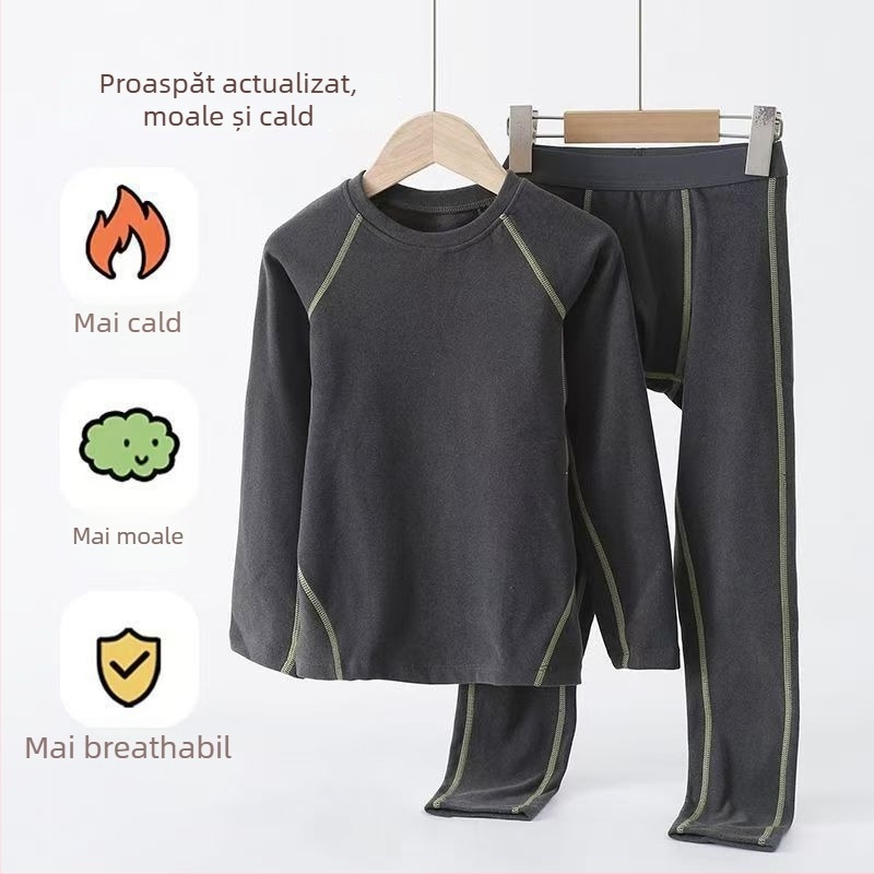 Set termic pentru copii: căptușeală din catifea, poliester 90–95%, ultra-subțire 40 g/m², top cu mânecă lungă și pantaloni, anti-pilling, pentru 13–18 ani