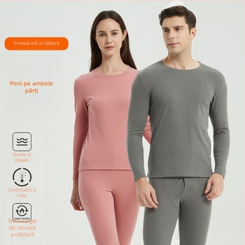 Set de lenjerie termică unisex – fibră de poliester, țesătură groasă 251–300 g/m2, culoare solidă, guler rotund, mâneci lungi și pantaloni