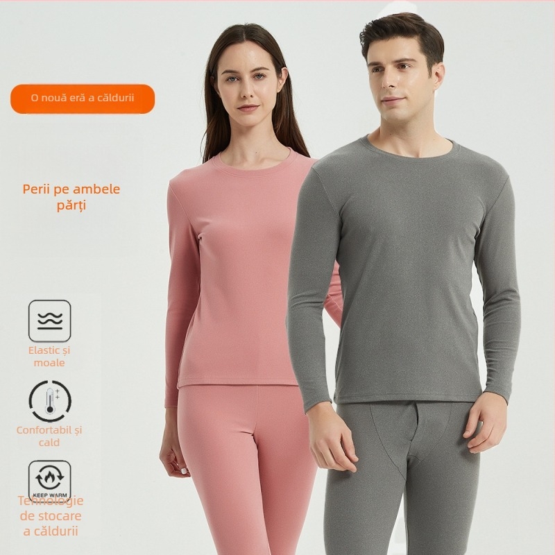 Set de lenjerie termică unisex – fibră de poliester, țesătură groasă 251–300 g/m2, culoare solidă, guler rotund, mâneci lungi și pantaloni
