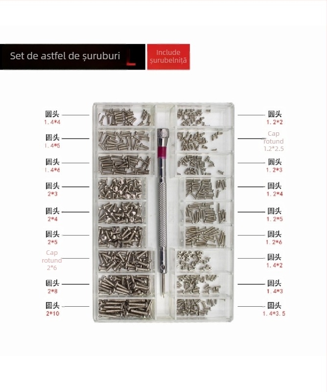 Set de șuruburi micro pentru ceasuri, rame de ochelari și laptopuri — oțel carbon, standard Gb834