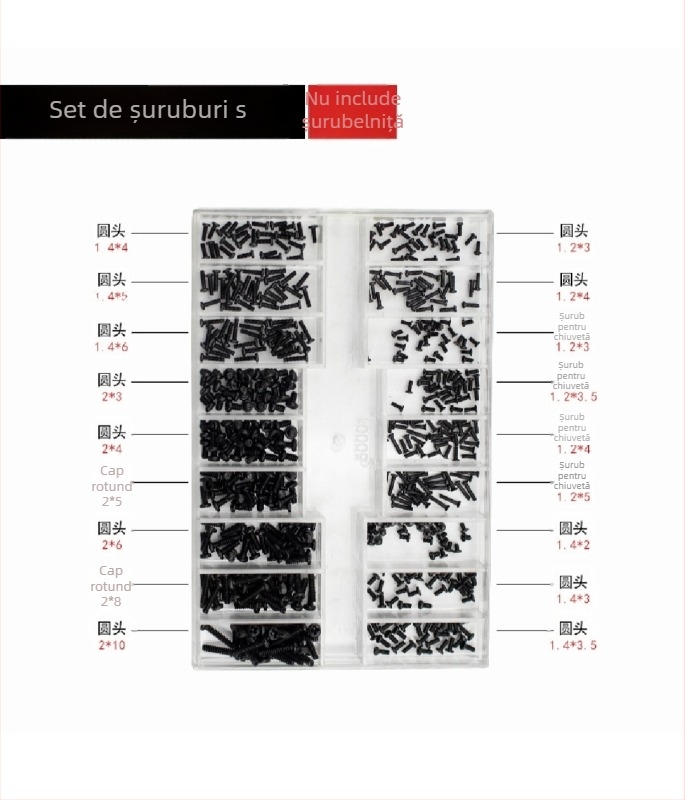 Set de șuruburi micro pentru ceasuri, rame de ochelari și laptopuri — oțel carbon, standard Gb834