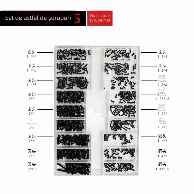 Set de șuruburi micro pentru ceasuri, rame de ochelari și laptopuri — oțel carbon, standard Gb834