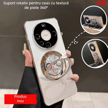Husă pentru telefon cu suport magnetic pentru Huawei Mate60Pro — textură din piele, finisaj electroplacat, rezistentă la șocuri, cu posibilitate de personalizare