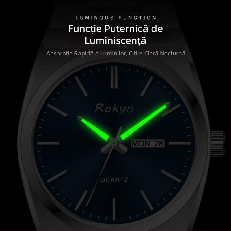 Ceas de bărbați ultra-subțire, lux, mișcare cuarț, rezistență la apă 30 m, calendar dual cu afișaj zilei, carcasă și brățară din oțel inoxidabil