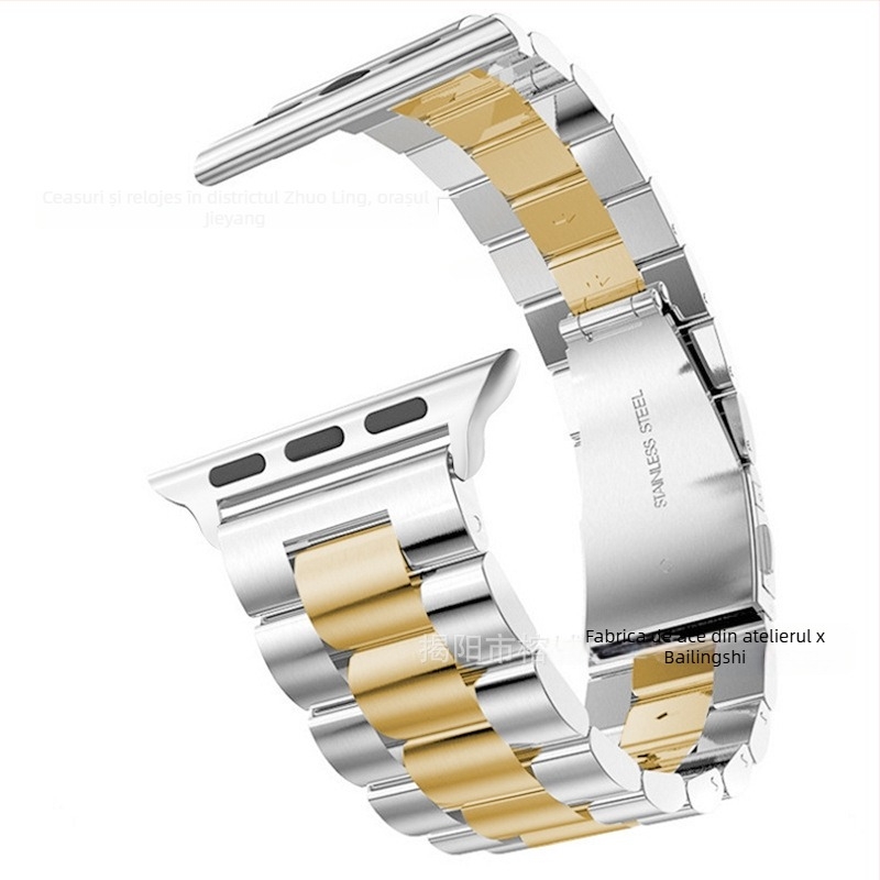 Brățară de ceas din oțel inoxidabil, cu cataramă rabatabilă, compatibilă cu Apple Watch, Samsung Watch4 și Huawei GT3; greutate aproximativ 106 g; lansată în 2020.
