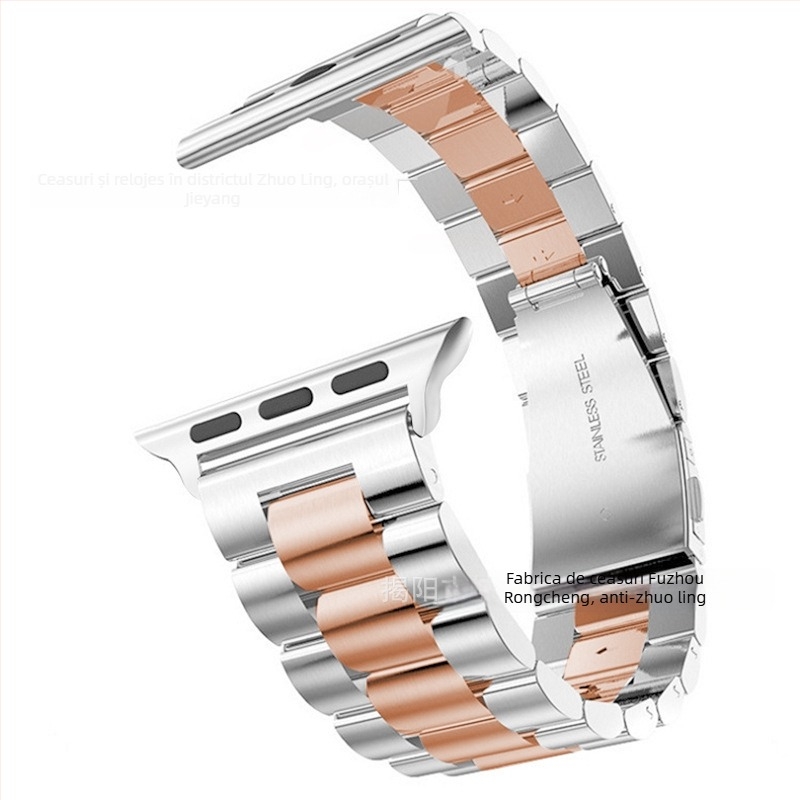 Brățară de ceas din oțel inoxidabil, cu cataramă rabatabilă, compatibilă cu Apple Watch, Samsung Watch4 și Huawei GT3; greutate aproximativ 106 g; lansată în 2020.