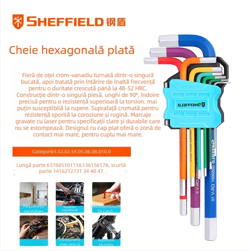 Steel Shield Set chei Allen, din oțel crom-vanadiu, duritate înaltă, cap hexagonal intern, extins