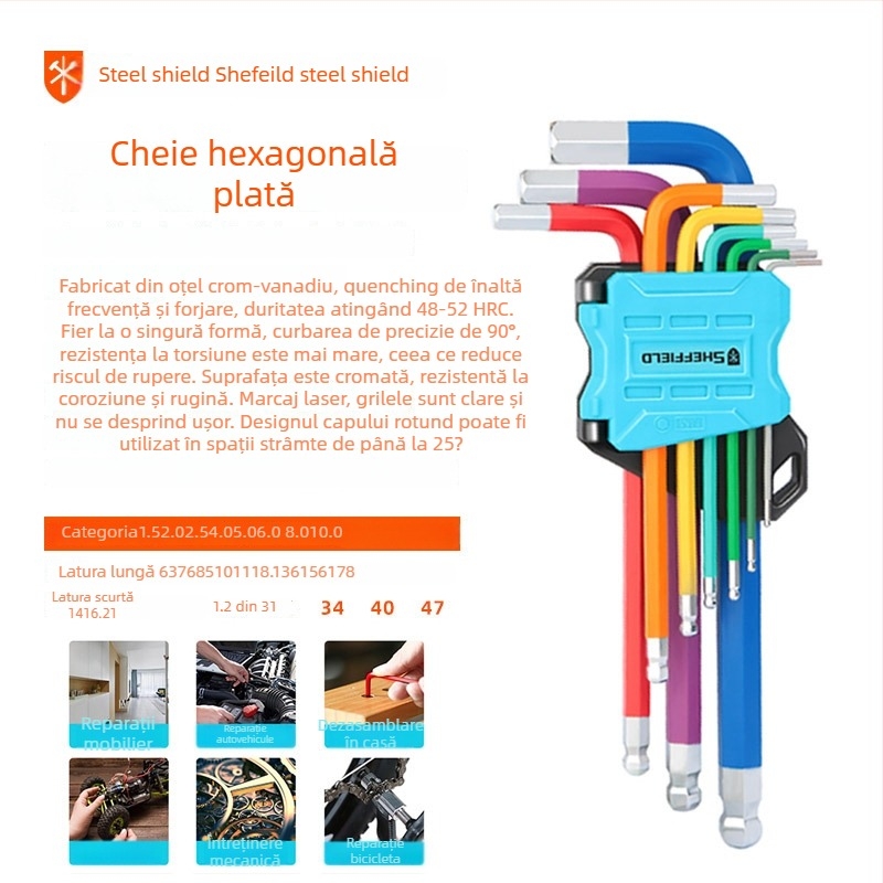 Steel Shield Set chei Allen, din oțel crom-vanadiu, duritate înaltă, cap hexagonal intern, extins