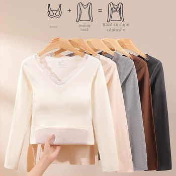 Set termic femei cu inserții la sân – top gros și pantaloni, fără cusături, nailon, căptușeală velur, decolteu în V, mâneci lungi