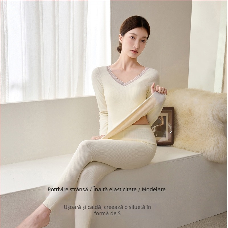 Set termic femei cu inserții la sân – top gros și pantaloni, fără cusături, nailon, căptușeală velur, decolteu în V, mâneci lungi