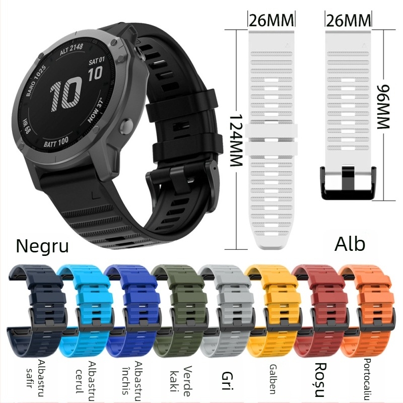 Brățară de ceas din silicon pentru Garmin Fenix 6/6X/5X și Fenix 3 HR — 26 mm prindere rapidă, ușoară, stilată