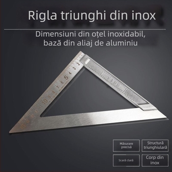 Riglă triunghiulară din aliaj de aluminiu și oțel inoxidabil, unealtă multifuncțională pentru tâmplărie, unghi drept de 45°, înaltă precizie