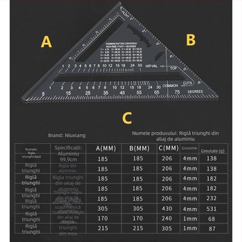 Riglă triunghiulară din aliaj de aluminiu și oțel inoxidabil, unealtă multifuncțională pentru tâmplărie, unghi drept de 45°, înaltă precizie