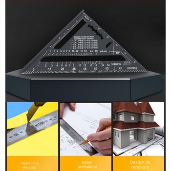 Riglă triunghiulară din aliaj de aluminiu și oțel inoxidabil, unealtă multifuncțională pentru tâmplărie, unghi drept de 45°, înaltă precizie